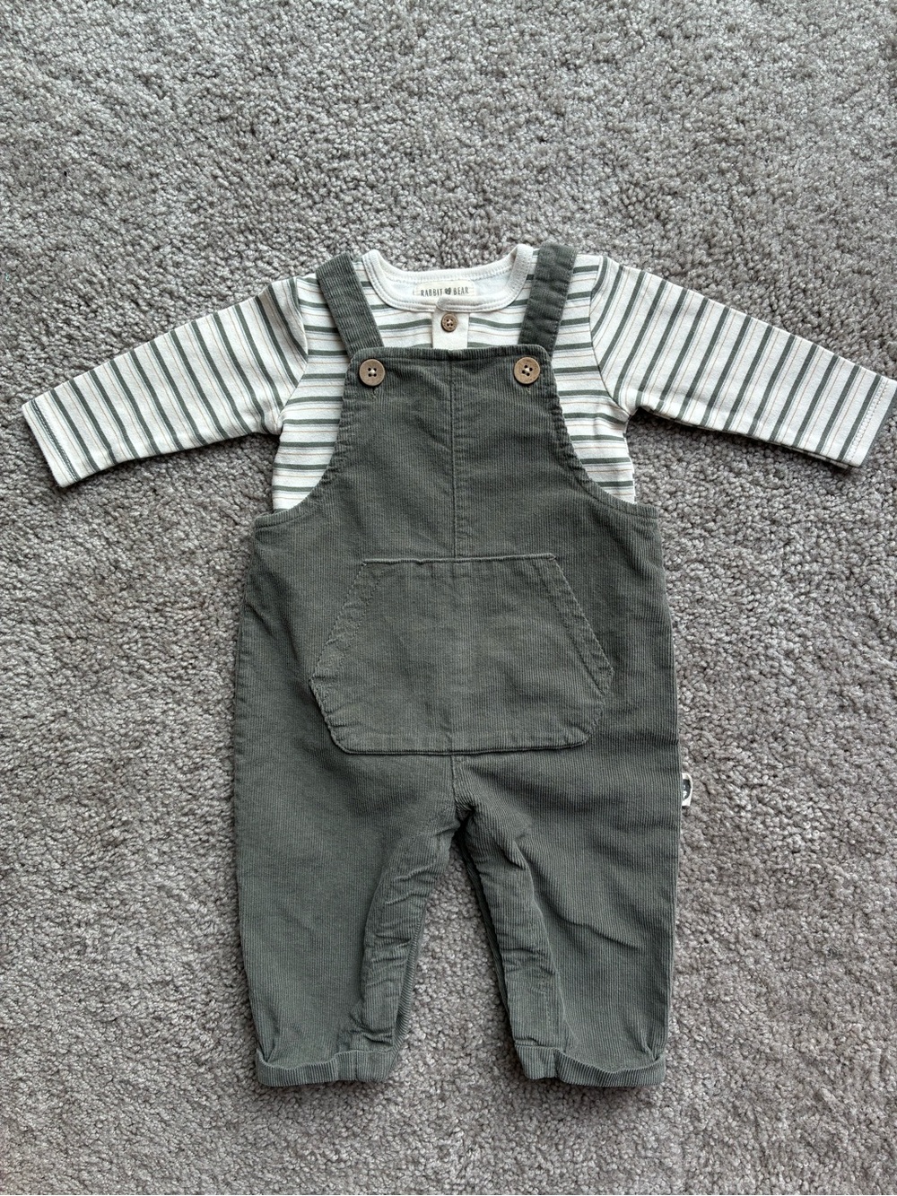 Rabbit + Bear 2 piece Set Olive Green Baby Overalls Set with Striped Onsie
